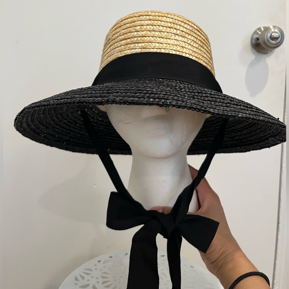 Wyeth Black & Tan Straw Wide Brim Sun Hat with Black Ribbon Tie NWOT - Picture 3 of 7